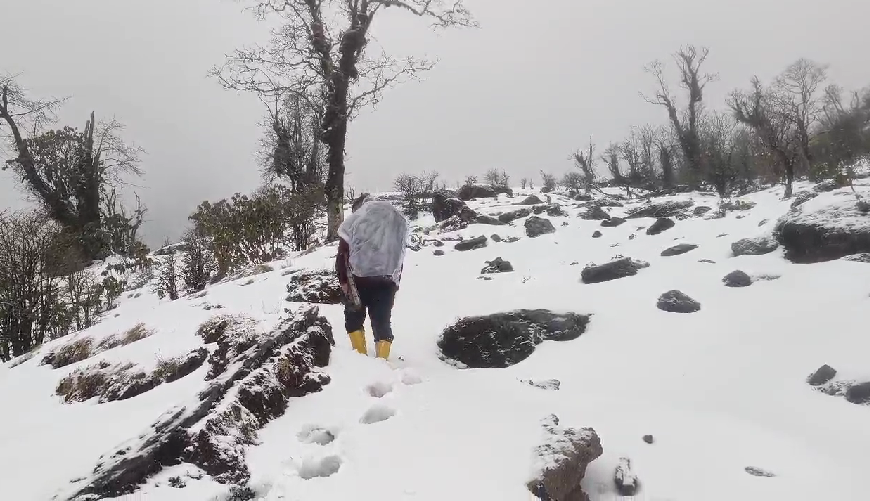 aTrekkers descending the Kukhre Trek in deep snow